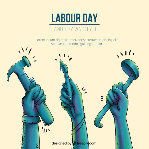 Hand-drawn Background With Hands And Tools For Labour Day | Free Vector