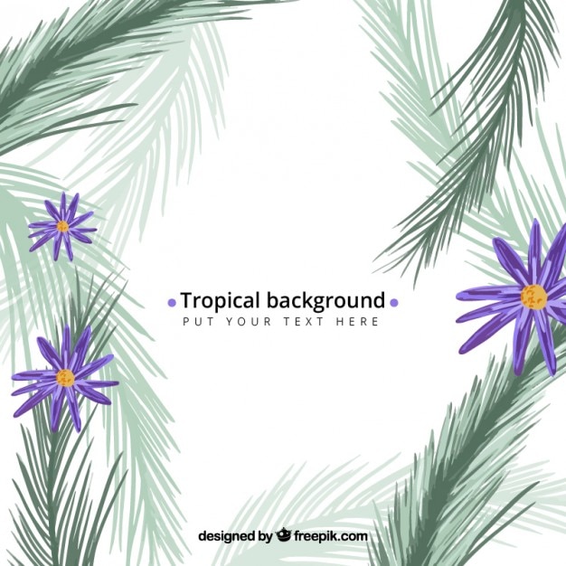 Hand drawn background with tropical flowers
with palm leaves