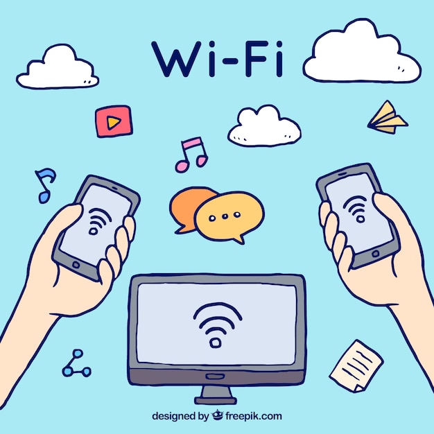 Hand Drawn Background With Wifi Signal And Electronic Devices Vector