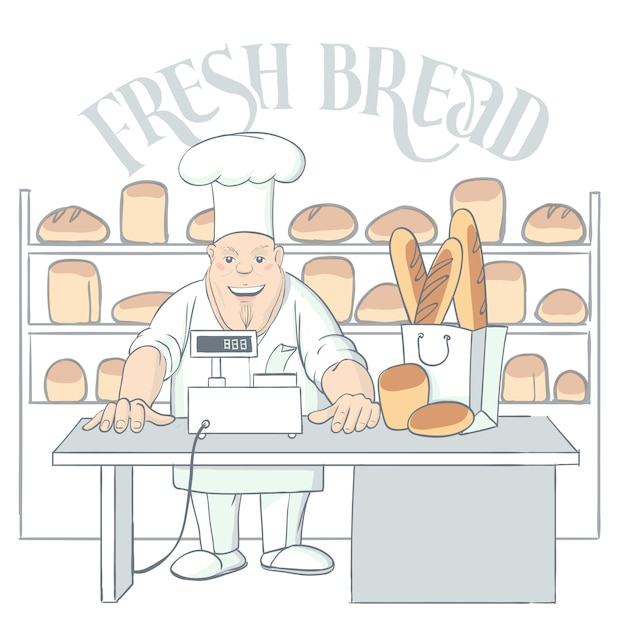 ショップのイラストで手描きのパン屋のキャラクター 無料のベクター