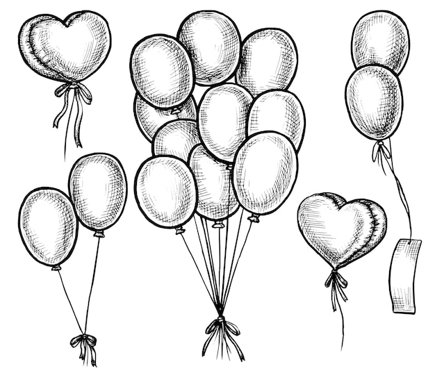 手描きのバルーン 黒と白の手描き飛行お祝いヘリウムバルーン落書きスケッチバンドルと1つの図 誕生日パーティー 記念日 バレンタインデー属性セット プレミアムベクター