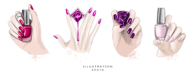 Hand drawn beautiful manicure sketch. set of four sketches. Premium Vector