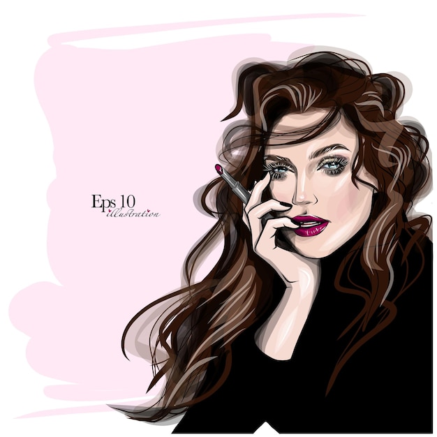 Hand drawn beautiful young woman face sketch. stylish glamour girl print. fashion illustration for b