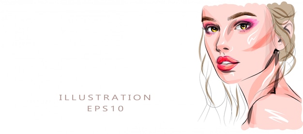 プレミアムベクター 手描きの美しい若い女性の顔のスケッチ スタイリッシュなグラマーガールプリント ビューティーサロンデザイン メイクアップアーティストの名刺の背景のファッションのイラスト