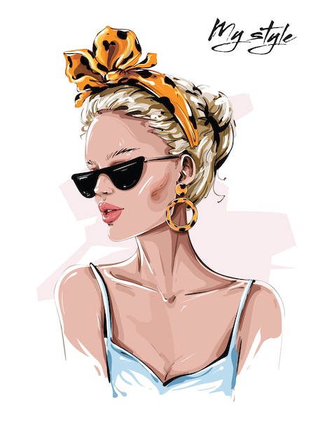 Download Hand drawn beautiful young woman in sunglasses. stylish ...