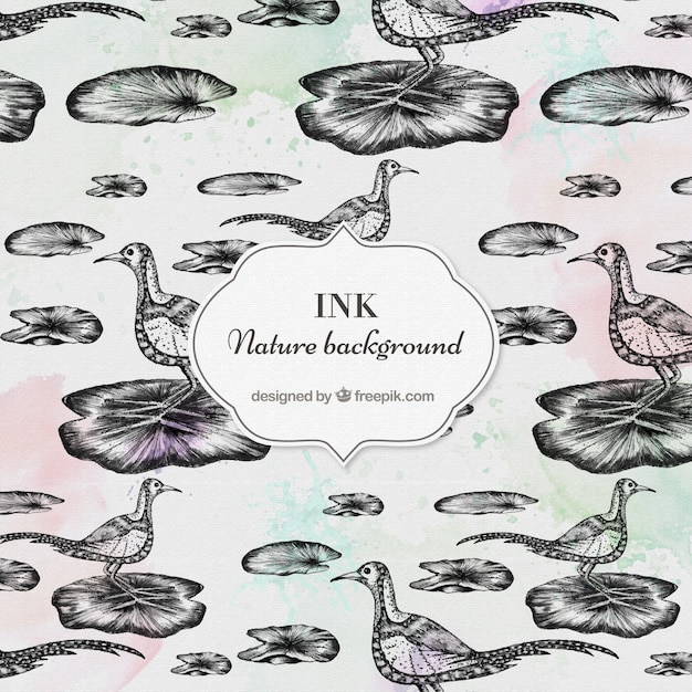 Hand drawn birds and nature pattern