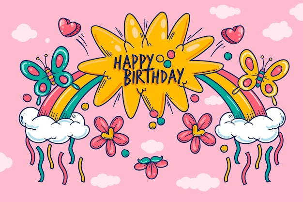 Download Hand drawn birthday background with rainbow | Free Vector