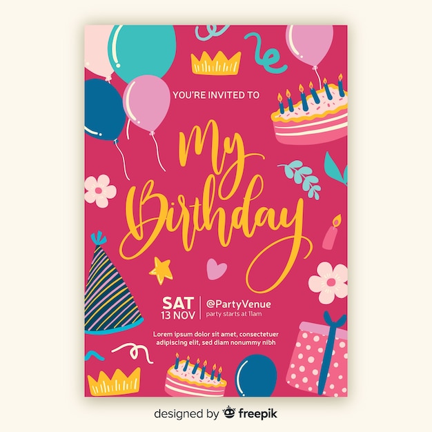 Hand drawn birthday invitation template Vector Free Download