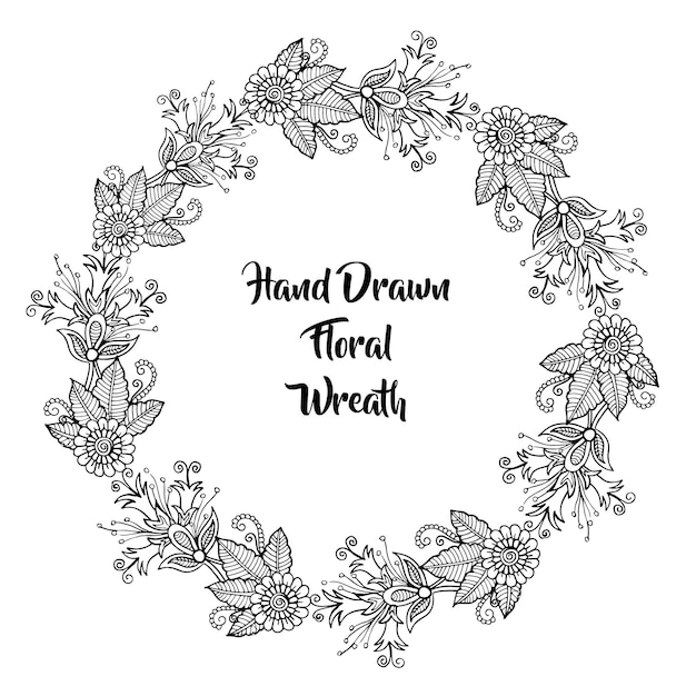 Download Hand Drawn Black and White Floral Wreath Vector | Free ...