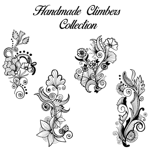 Hand drawn black and white Henna Designs climbers collection Vector ...