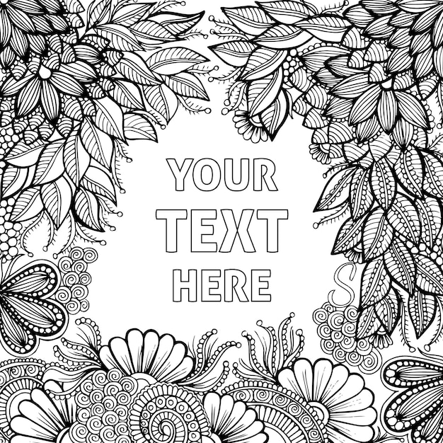 Hand drawn black & white adult coloring background | Premium Vector