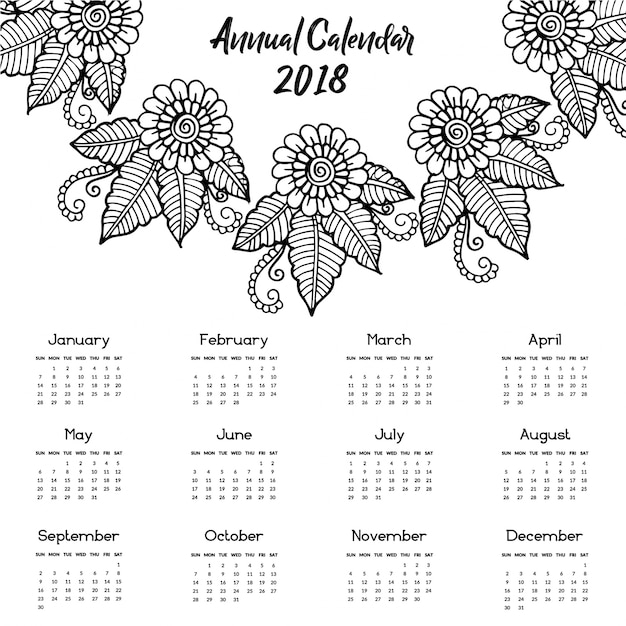 Premium Vector | Hand drawn black & white floral annual calendar