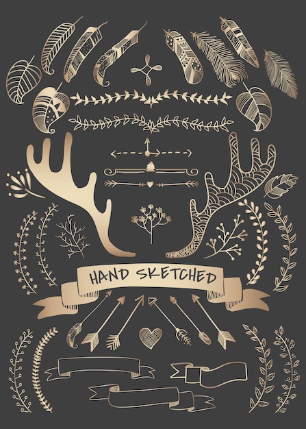 Hand drawn boho doodle element vectors collection Free Vector