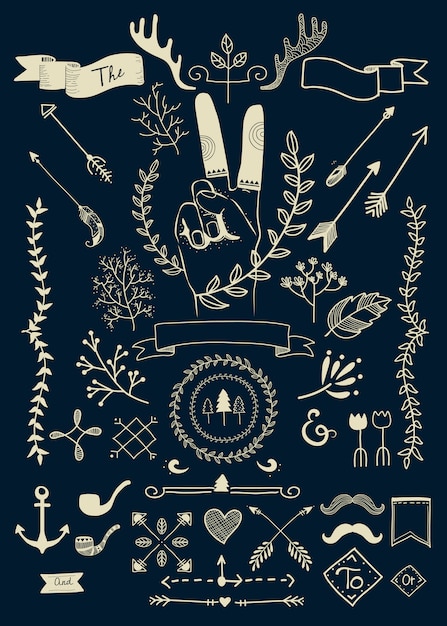 Hand drawn boho doodle element vectors collection Free Vector