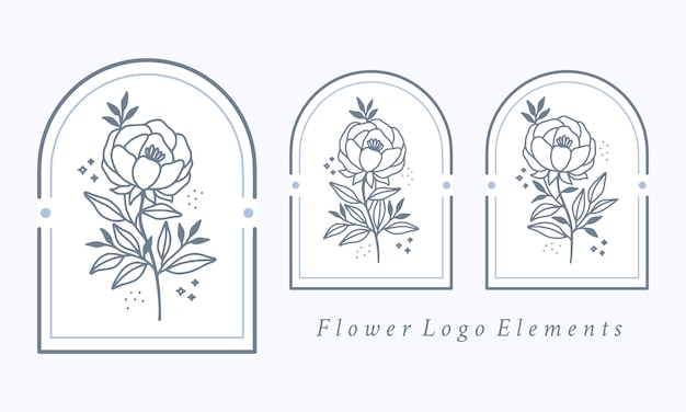 Hand drawn botanical peony flower logo element collection Premium Vector