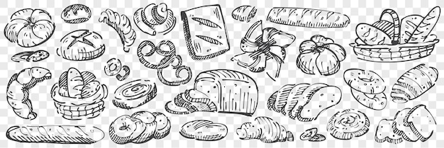 手描きパン落書きセット 透明な背景にパントースト プレッツェルバゲットマフィンバンズスイスロールベーグルドーナツの鉛筆画スケッチのコレクション ベーキング食品のイラスト プレミアムベクター