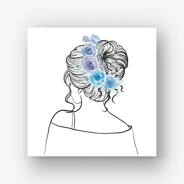 美しい髪型の花の水彩イラストで手描きの花嫁美しい髪型の花の青い水彩イラストで手描きの花嫁 無料のベクター