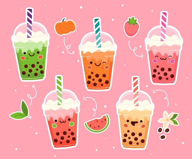 Premium Vector | Hand drawn bubble tea flavors collection