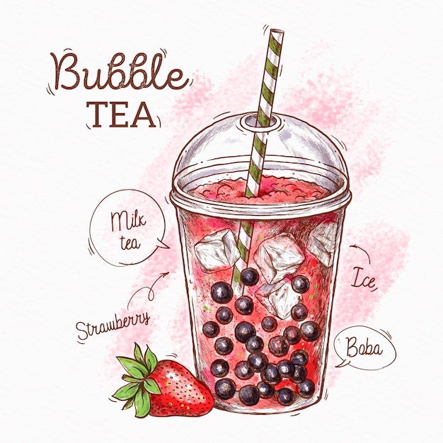 Free Vector Hand drawn bubble tea with strawberry