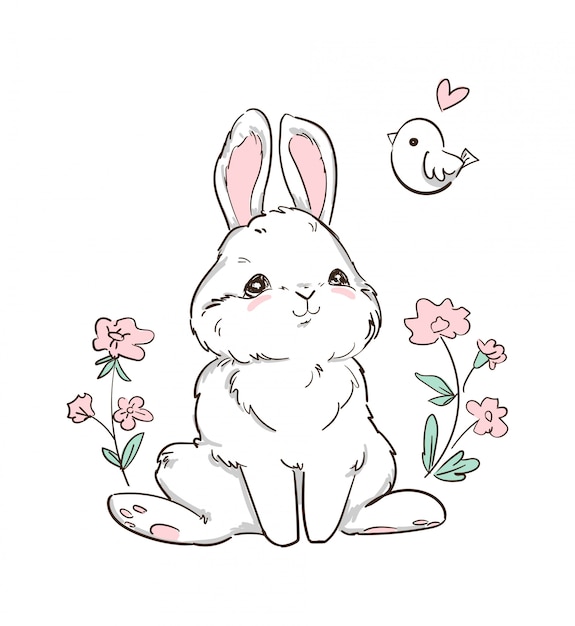 Premium Vector Hand drawn bunny and little bird, flowers. cute rabbit