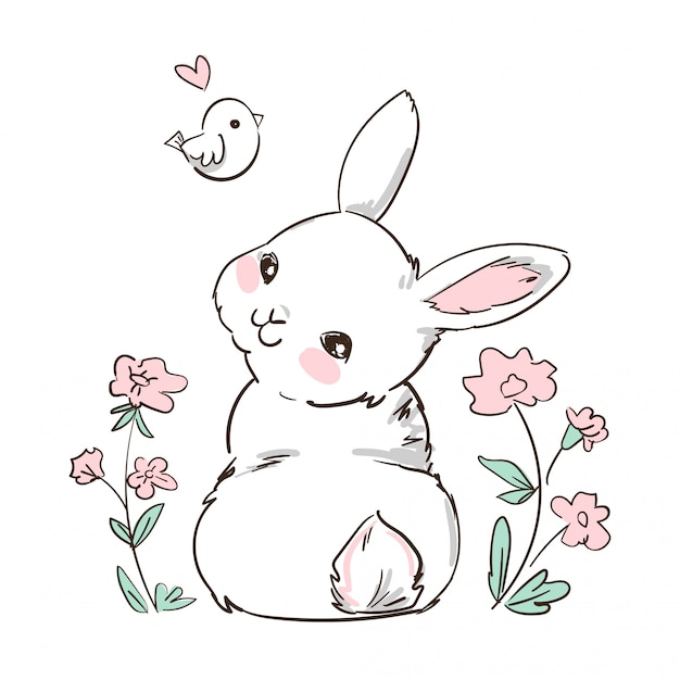 Premium Vector Hand Drawn Bunny And Little Bird Flowers Cute Rabbit Print Design For Kids Fashion