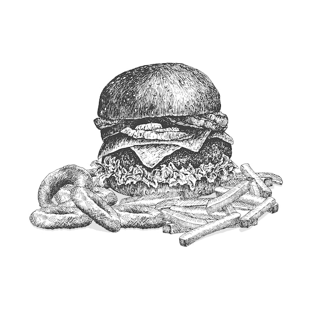Premium Vector | Hand drawn burger illustration with onion rings and ...