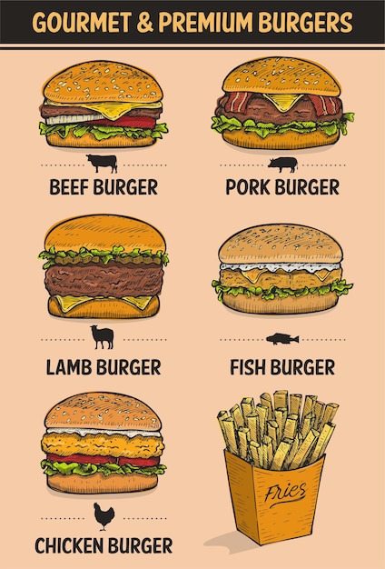 Premium Vector | Hand drawn burgers