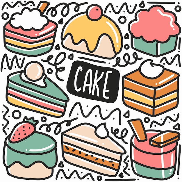 Premium Vector | Hand drawn cake doodle set with icons and design elements