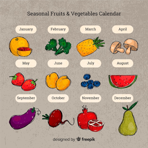 Free Vector Hand drawn calendar of seasonal vegetables and fruits