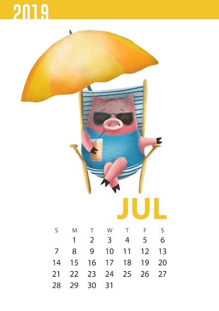 手描きのカレンダー7月のための面白い豚のイラスト19 プレミアムベクター