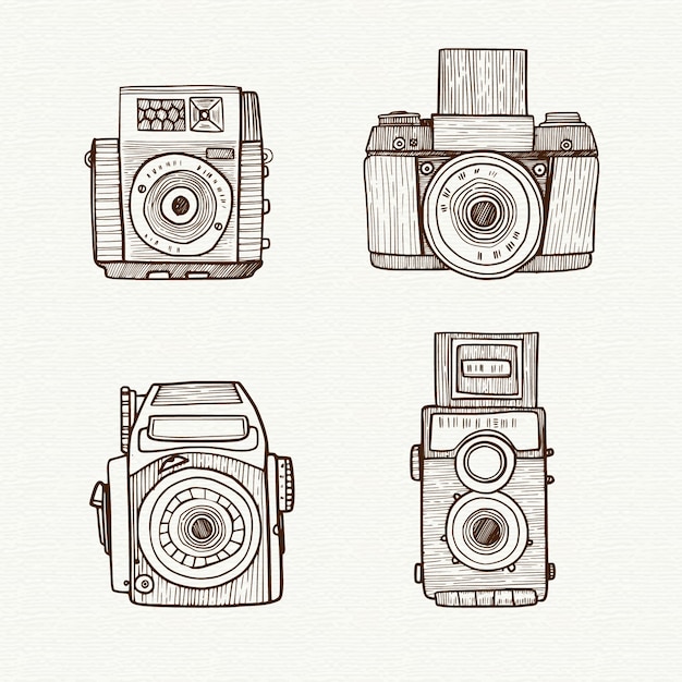 Free Vector Hand drawn cameras with flash collection