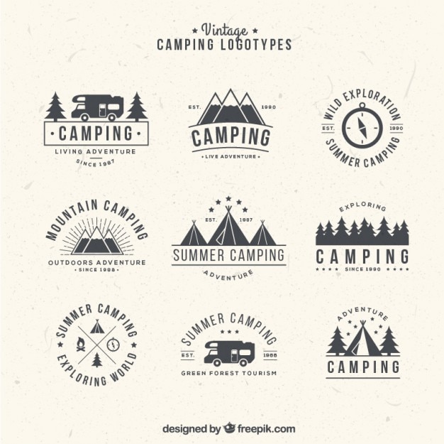 Hand drawn camping logos in vintage\
style