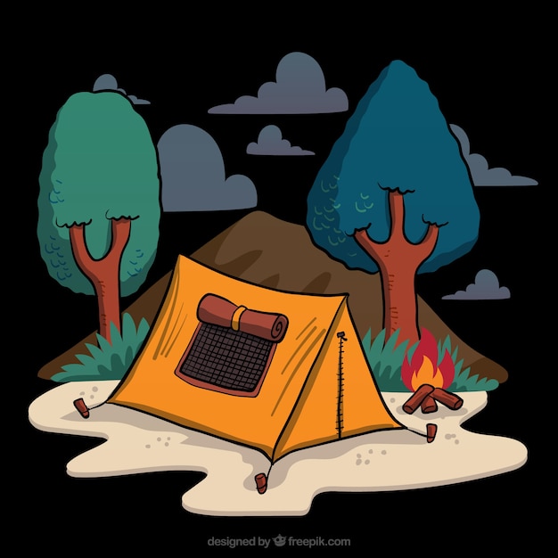 Hand drawn camping tent in a forest