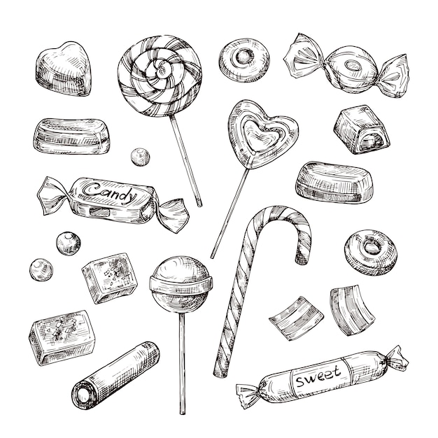 Premium Vector Hand drawn candies. chocolate candy, lollipop and