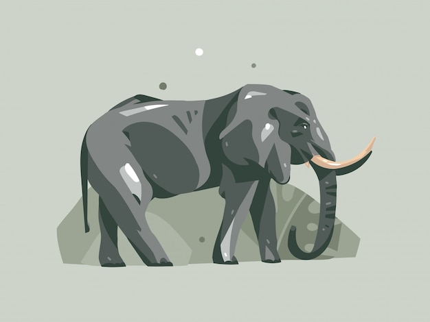 象の動物と手描き漫画アフリカサファリ自然概念イラスト プレミアムベクター