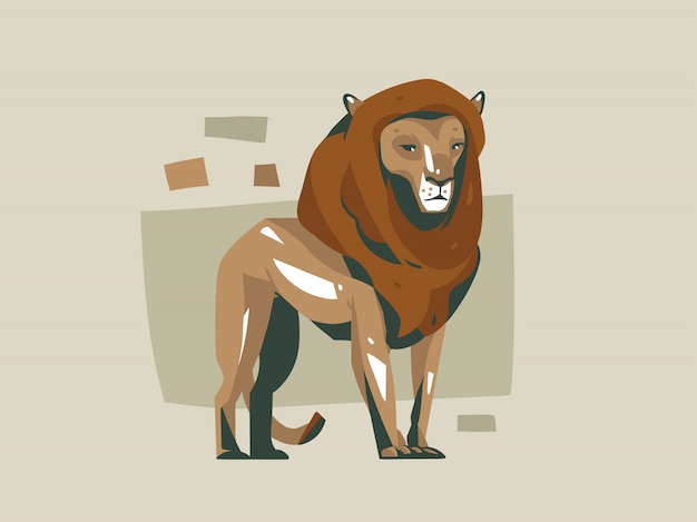 プレミアムベクター ライオン動物と手描き漫画アフリカサファリ自然概念イラスト