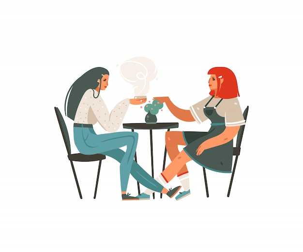 プレミアムベクター 手描き漫画モダンなグラフィックの女の子のカフェに座って 分離されたコーヒーイラストアートを飲む