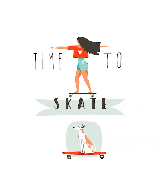 手描き漫画夏の時間楽しいイラスト長いボードに乗っている若い女の子 スケートボードの犬と分離されたモダンなタイポグラフィの時間 プレミアムベクター