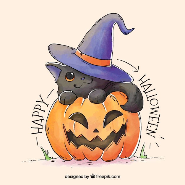 Hand drawn cat and pumpkin with cute style Vector Free Download