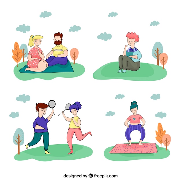 Hand drawn characters doing open air leisure
activities