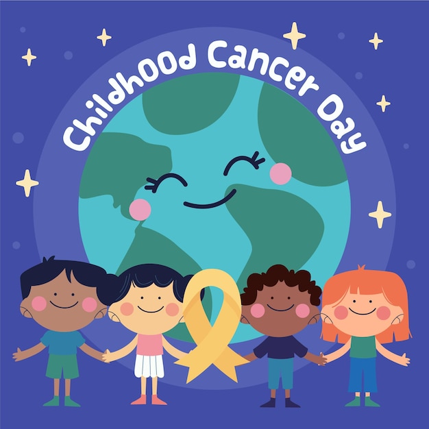 惑星と子供たちが笑顔で手をつないで手描きの小児がんの日のイラスト 無料のベクター