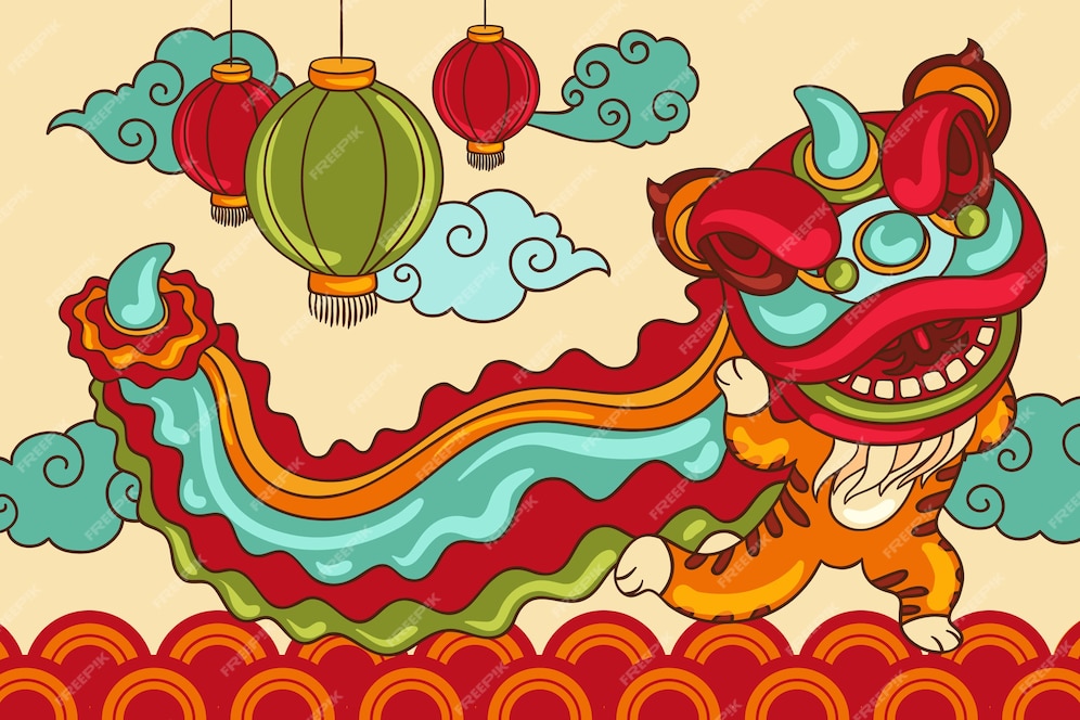 Free Vector | Hand drawn chinese new year lion dance illustration