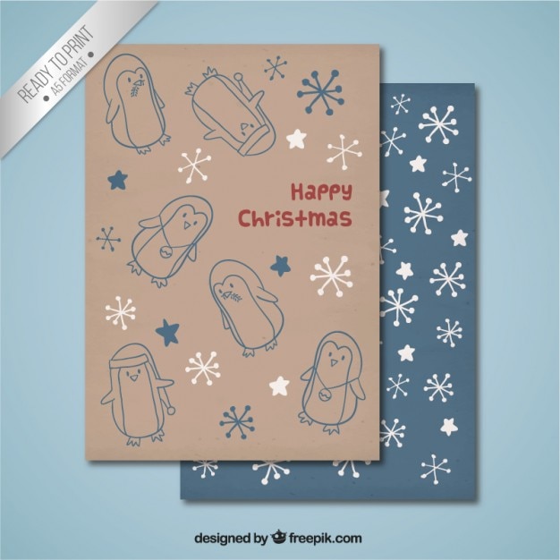 Hand drawn christmas card with penguins