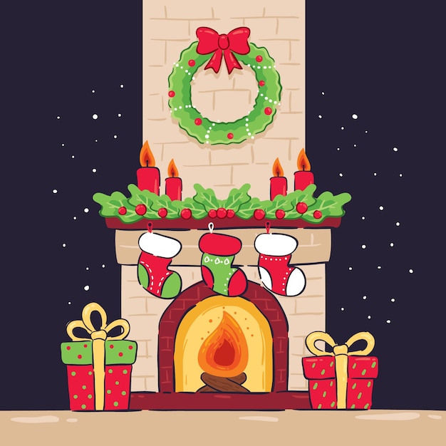 Free Vector Hand drawn christmas fireplace scene