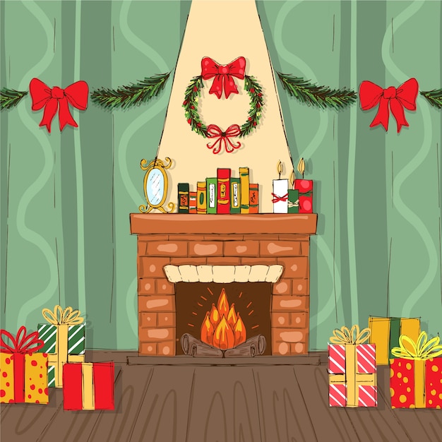 Hand drawn christmas fireplace scene Vector | Free Download