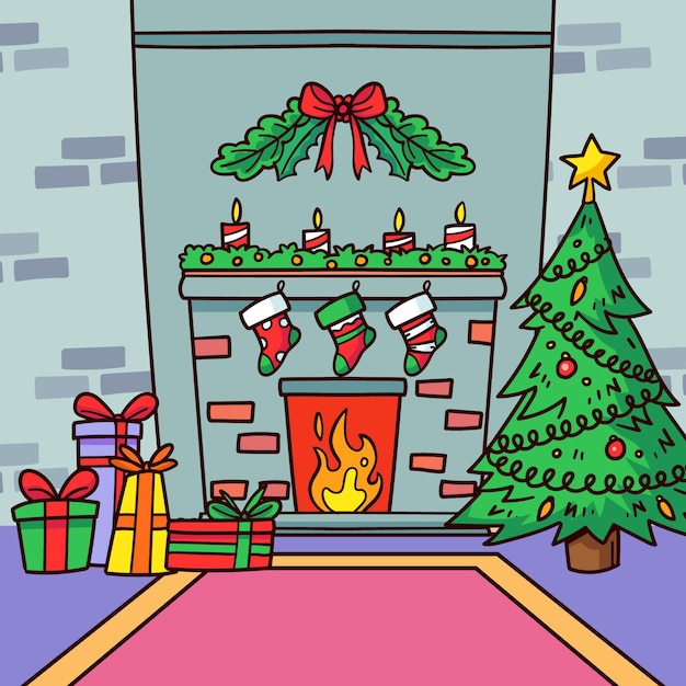 Free Vector Hand drawn christmas fireplace scene