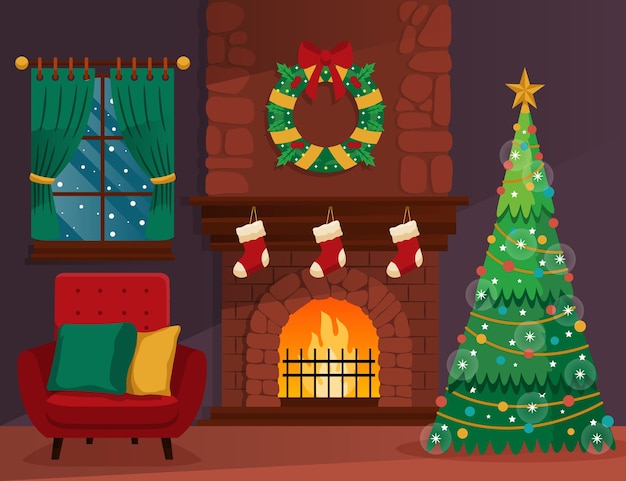 Premium Vector | Hand drawn christmas fireplace scene