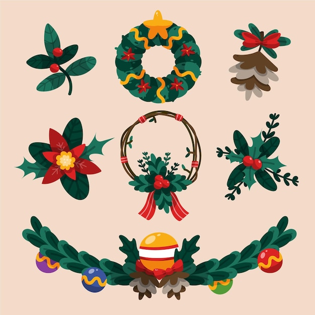 手描きのクリスマスの花と花輪のイラスト集 無料のベクター