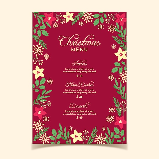 Beautiful Magenta Christmas Menu template Free Vector Design with Poinsettia Border