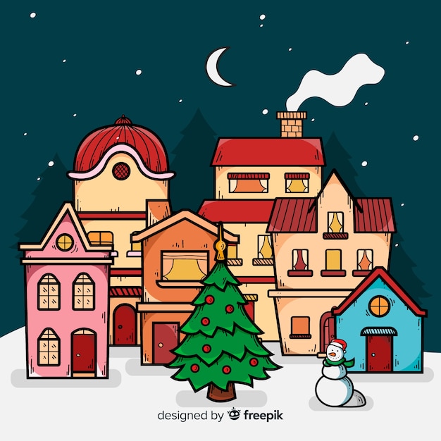 Download Hand drawn christmas town | Free Vector